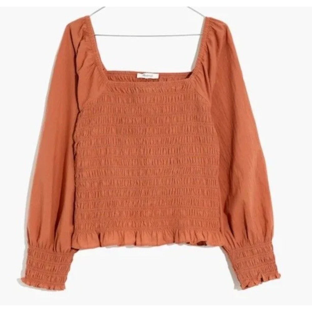 Cottagecore Boho Smocked Bubble Sleeve Top Madewell Lucie Warm Umber M